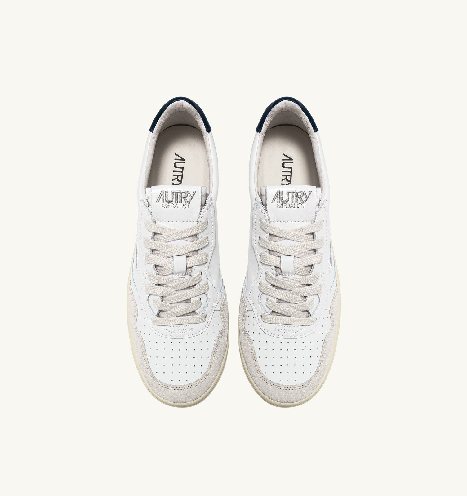 Medalist Low en cuir blanc et bleu et daim beige