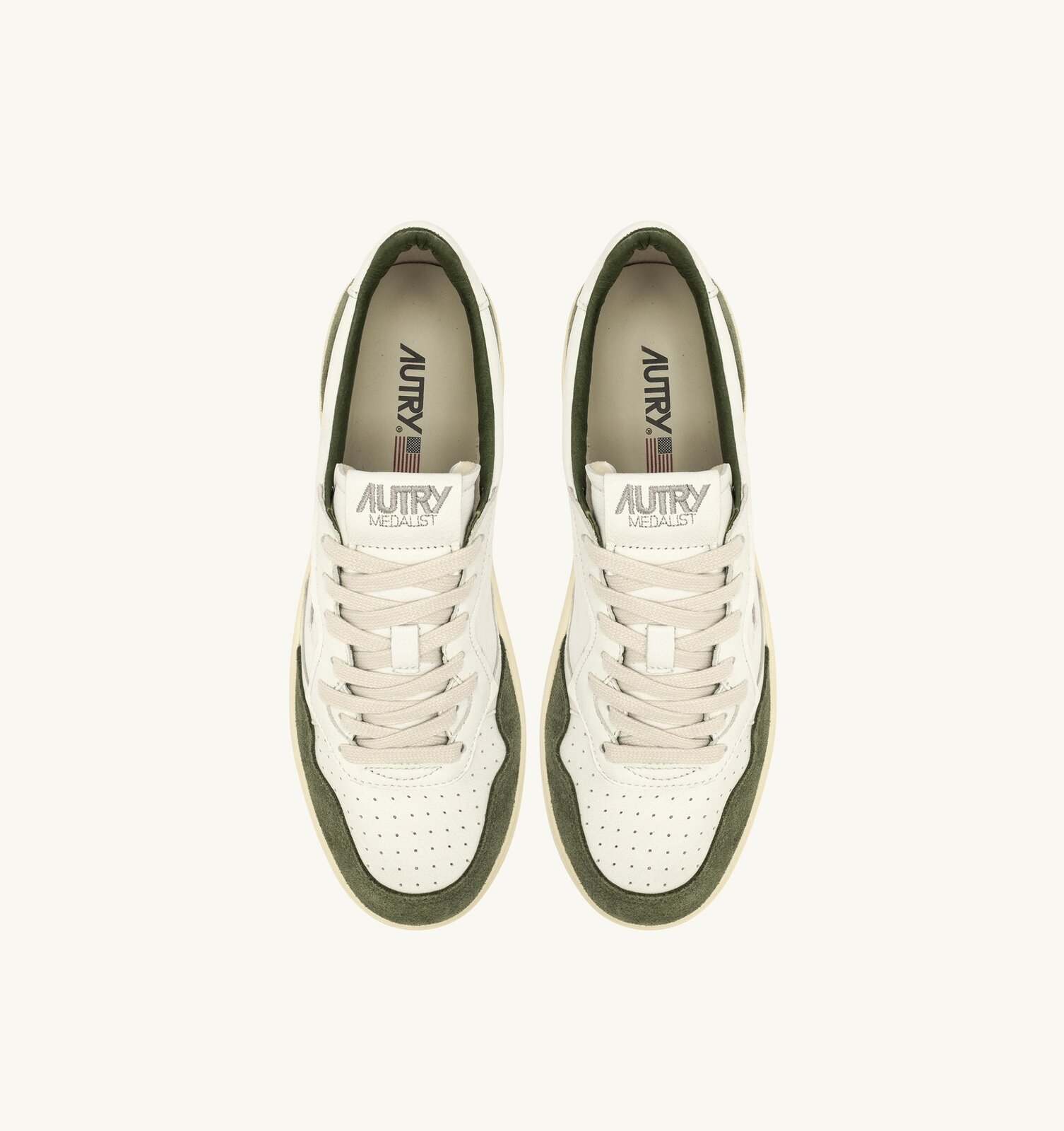 Medalist Low en cuir et daim blanc et kaki